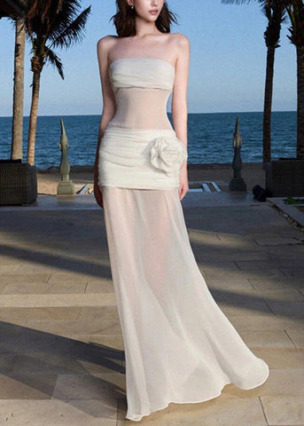 Sexy Dress Shoulder Long White Sleeveless Tulle Cold Floral FashionChic