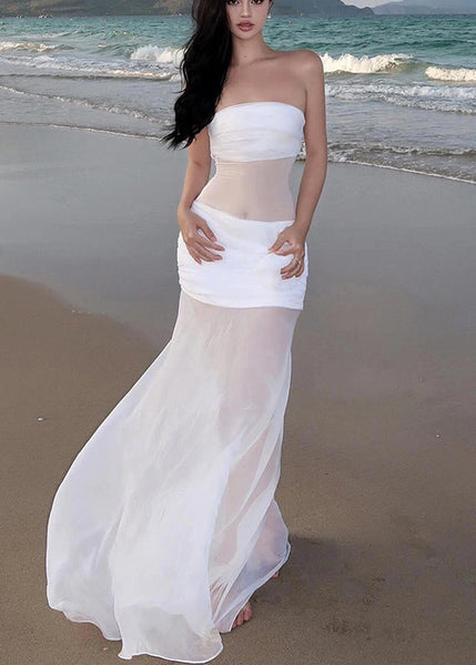 Sexy Dress Shoulder Long White Sleeveless Tulle Cold Floral FashionChic