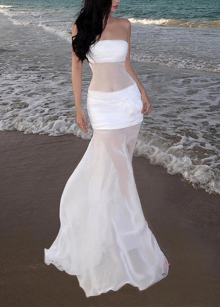 Sexy Dress Shoulder Long White Sleeveless Tulle Cold Floral FashionChic