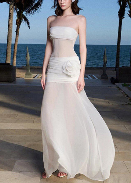 Sexy Dress Shoulder Long White Sleeveless Tulle Cold Floral FashionChic