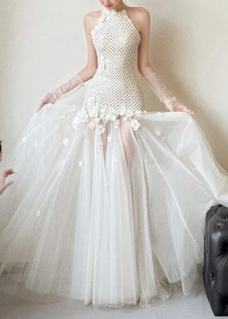 Party White Dress Out Sleeveless Hollow Tulle Patchwork Sexy FashionChic