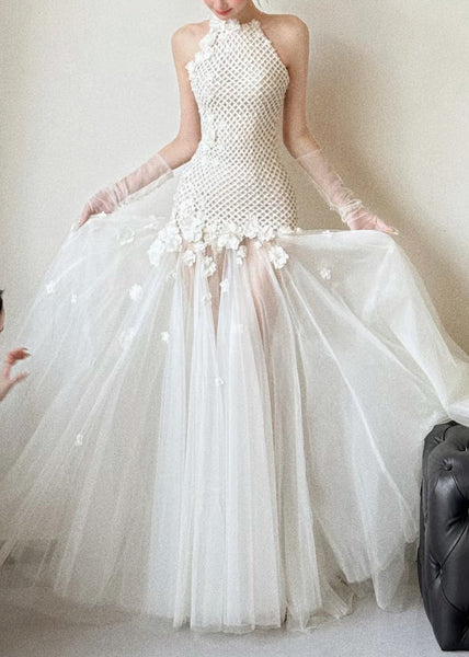 Party White Dress Out Sleeveless Hollow Tulle Patchwork Sexy FashionChic