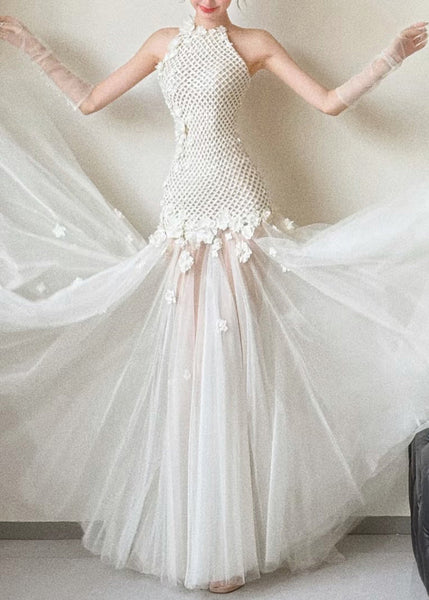 Party White Dress Out Sleeveless Hollow Tulle Patchwork Sexy FashionChic