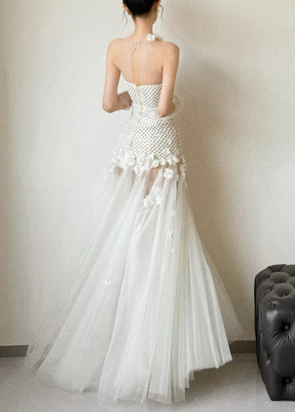 Party White Dress Out Sleeveless Hollow Tulle Patchwork Sexy FashionChic