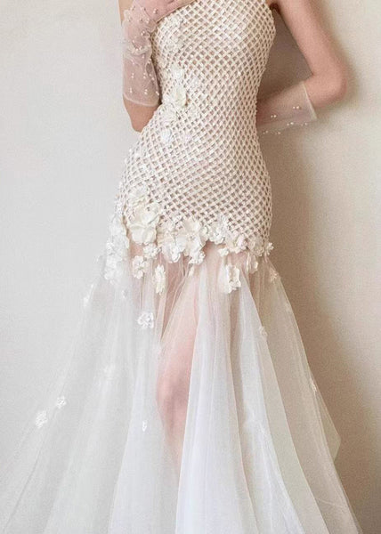 Party White Dress Out Sleeveless Hollow Tulle Patchwork Sexy FashionChic