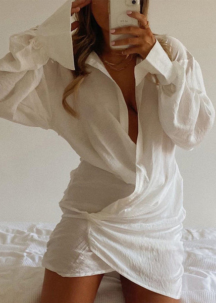 Sexy White Peter Pan Collar Solid Cotton Mid Dress Fall QE031 MZF-FDM240927