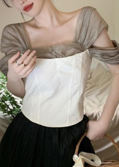 Sexy White Square Collar Tulle Patchwork Top Summer OP1045 Ada Fashion