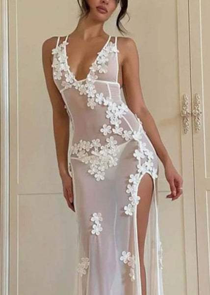 Long White Strapless Open Sexy Swimwear Flower Side Bikini FashionChic