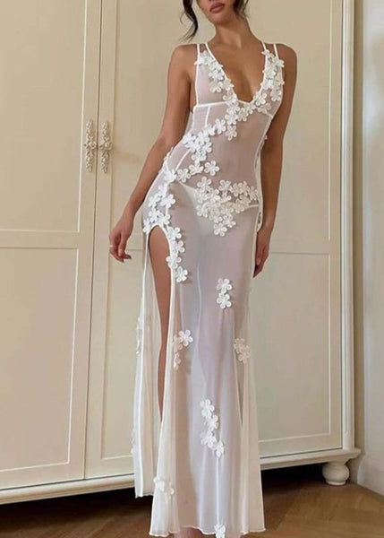 Long White Strapless Open Sexy Swimwear Flower Side Bikini FashionChic