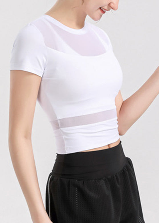 Patchwork Sleeve Tulle Yoga Sexy Top Short White FashionChic