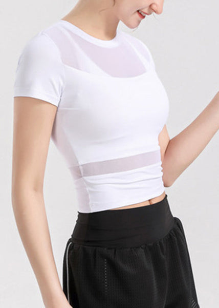 Patchwork Sleeve Tulle Yoga Sexy Top Short White FashionChic