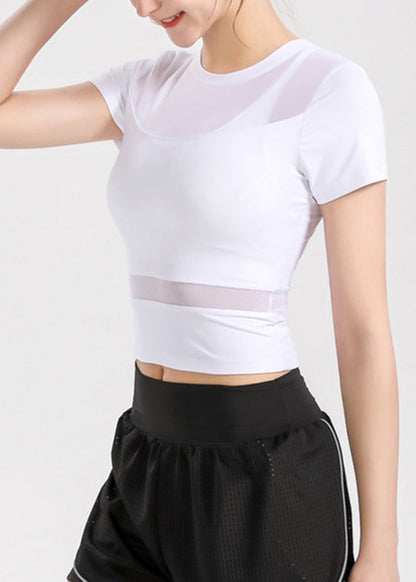 Patchwork Sleeve Tulle Yoga Sexy Top Short White FashionChic