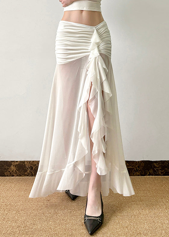 Sexy Tulle Open Summer Wrinkled Skirt Side White FashionChic