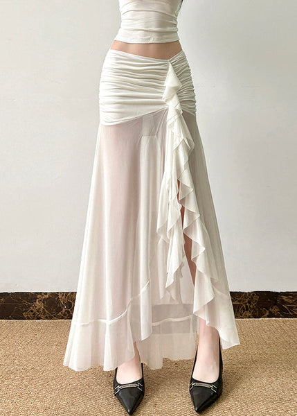Sexy Tulle Open Summer Wrinkled Skirt Side White FashionChic