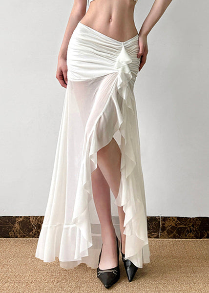 Sexy Tulle Open Summer Wrinkled Skirt Side White FashionChic