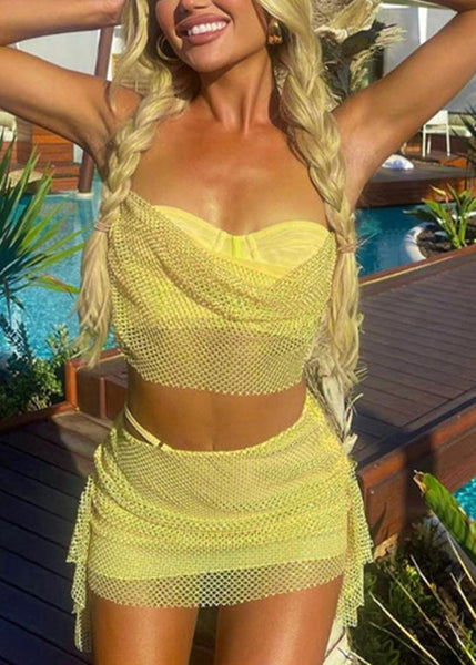 Set Two Summer Cotton Piece Yellow Outfits Sexy Backless FashionChic