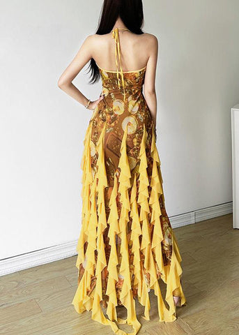 Print Yellow Front Sexy Tulle Open Ruffled Sleeveless Dress FashionChic