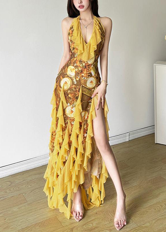 Print Yellow Front Sexy Tulle Open Ruffled Sleeveless Dress FashionChic