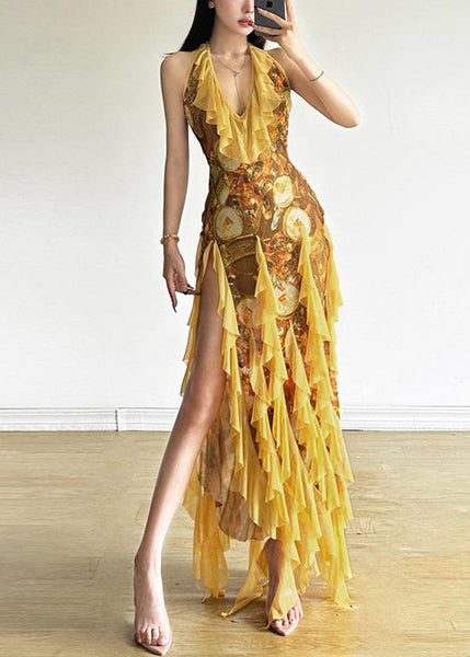 Print Yellow Front Sexy Tulle Open Ruffled Sleeveless Dress FashionChic
