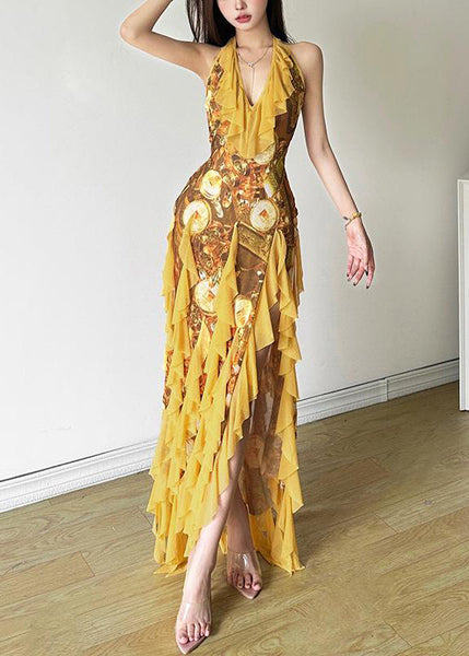 Print Yellow Front Sexy Tulle Open Ruffled Sleeveless Dress FashionChic