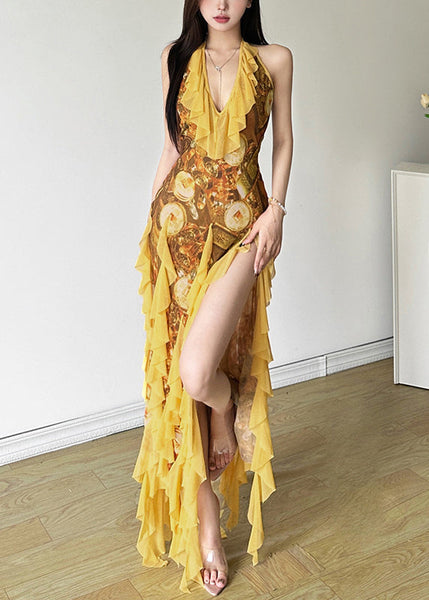 Print Yellow Front Sexy Tulle Open Ruffled Sleeveless Dress FashionChic