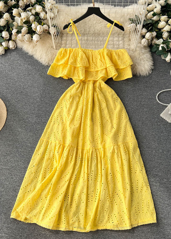 Sexy Yellow Slash Neck Hollow Out Cotton Spaghetti Strap Dress Sleeveless TR033 ZS-SDL240730