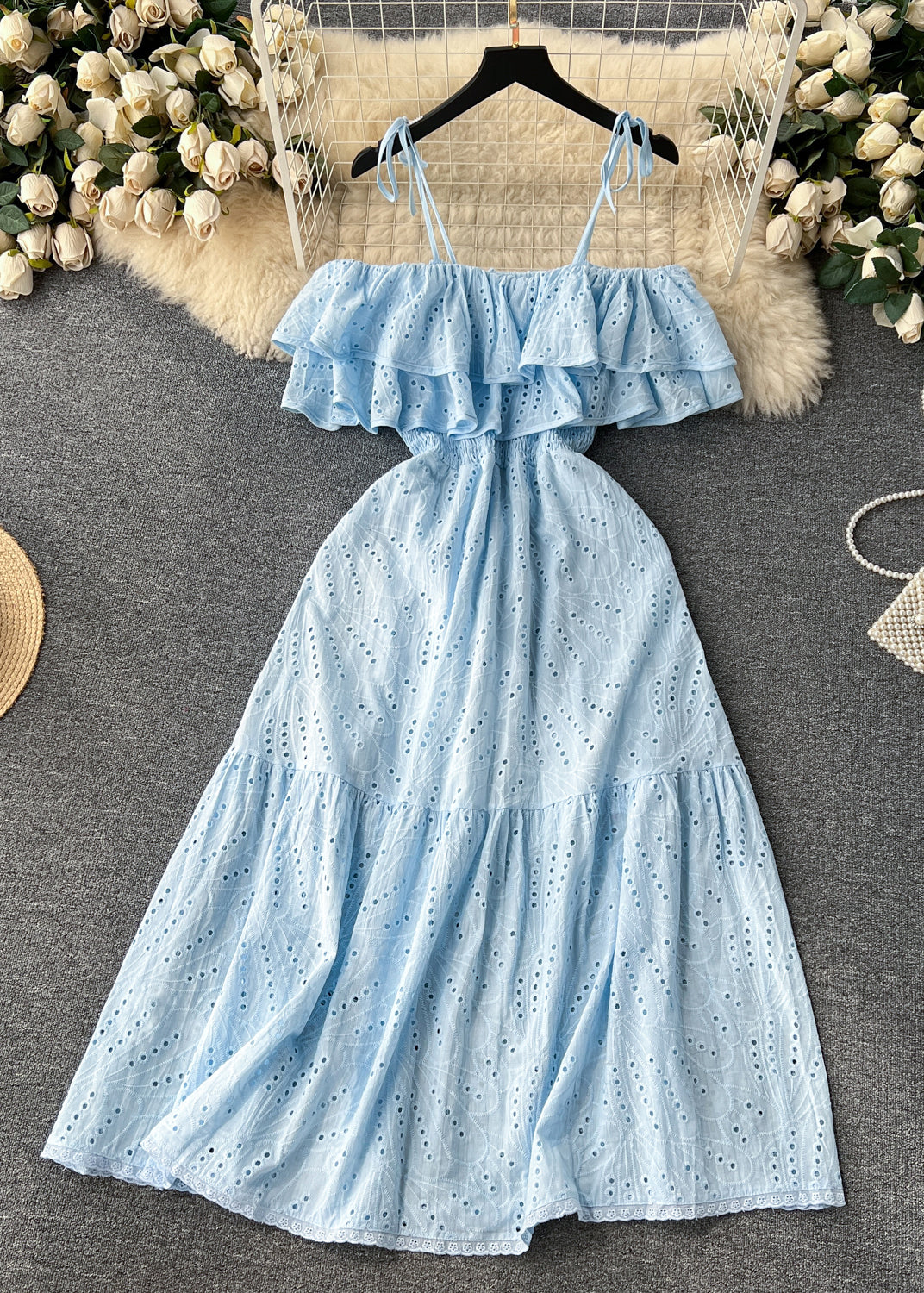 Sexy Yellow Slash Neck Hollow Out Cotton Spaghetti Strap Dress Sleeveless TR033 ZS-SDL240730