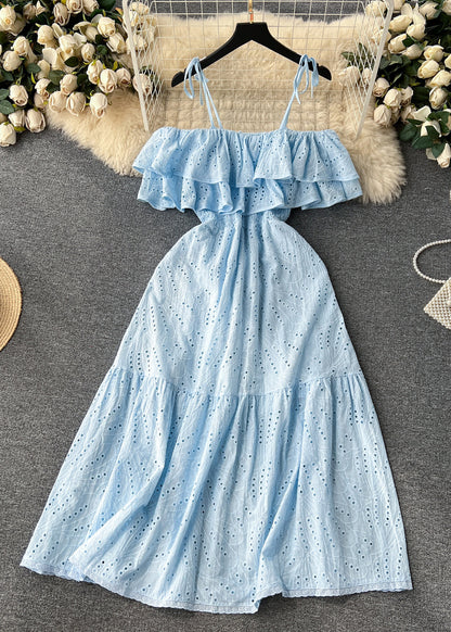 Sexy Yellow Slash Neck Hollow Out Cotton Spaghetti Strap Dress Sleeveless TR033 ZS-SDL240730