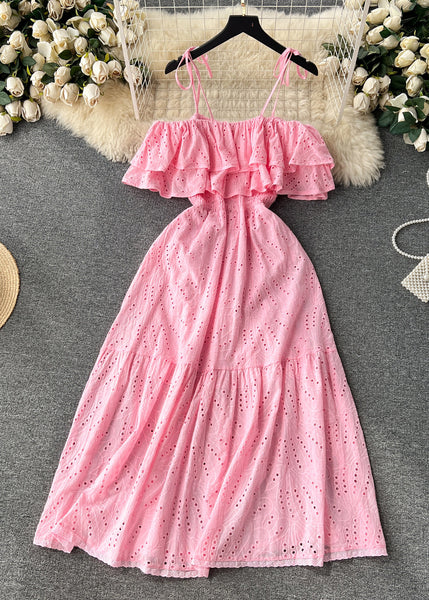 Sexy Yellow Slash Neck Hollow Out Cotton Spaghetti Strap Dress Sleeveless TR033 ZS-SDL240730