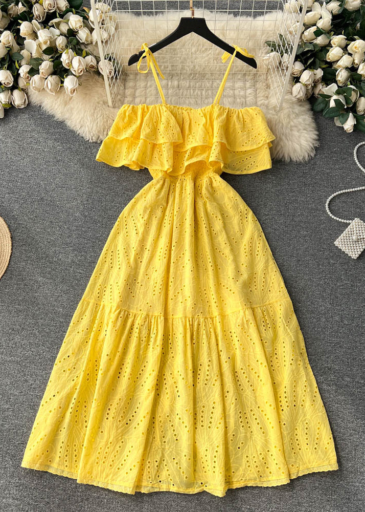 Sexy Yellow Slash Neck Hollow Out Cotton Spaghetti Strap Dress Sleeveless TR033 ZS-SDL240730