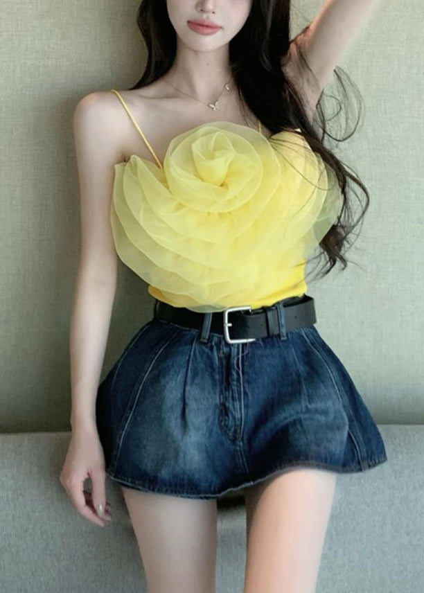 Sexy Yellow Solid Floral Chiffon Spaghetti Strap Tank Sleeveless EE1059 SH-LF-VTP240517