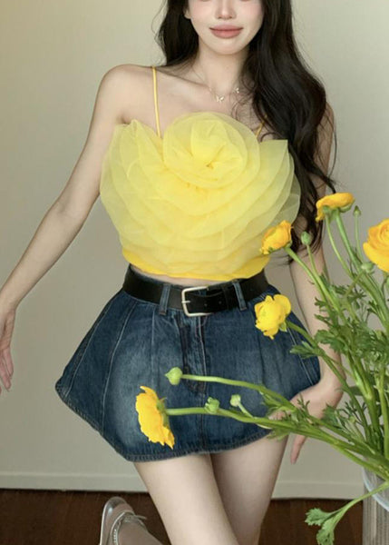 Sexy Yellow Solid Floral Chiffon Spaghetti Strap Tank Sleeveless EE1059 SH-LF-VTP240517