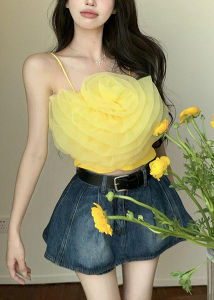 Sexy Yellow Solid Floral Chiffon Spaghetti Strap Tank Sleeveless EE1059 SH-LF-VTP240517