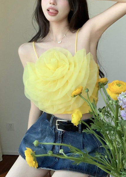 Sexy Yellow Solid Floral Chiffon Spaghetti Strap Tank Sleeveless EE1059 SH-LF-VTP240517