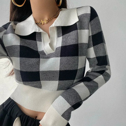 Autumn Winter Vintage Knitwear Crop Tops Women Pullover Sweaters Fashion Female Long Sleeve Elastic Casual Plaid Knitted Shirts Furdela