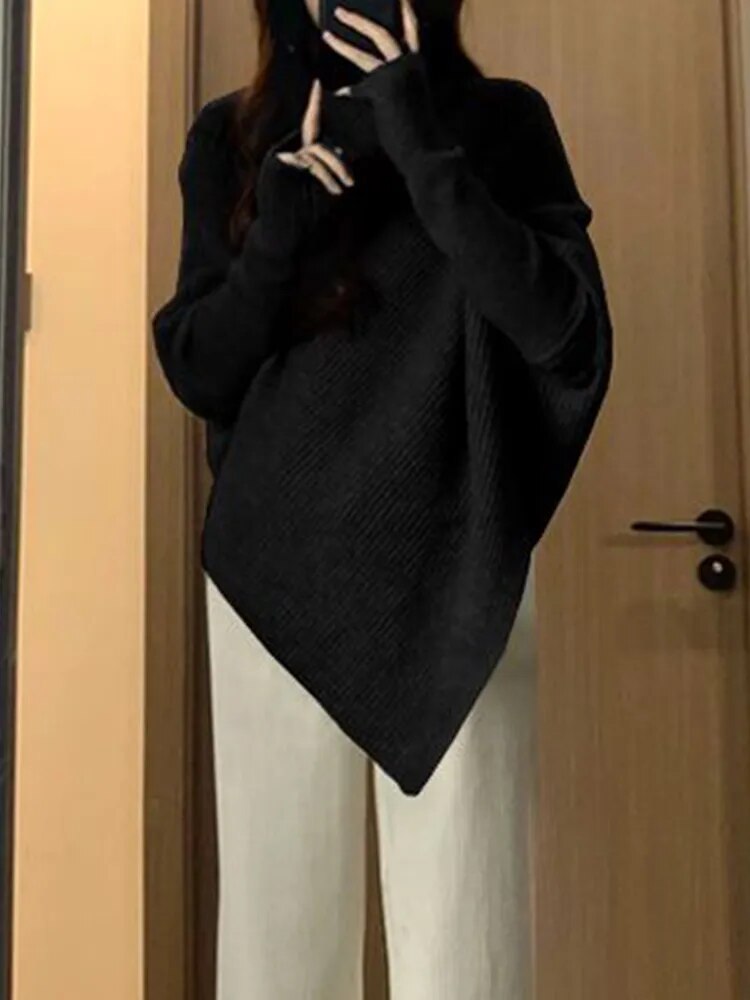 Winter Turtlenecks Women Korean Irregular Knitted Sweater Female Warm Solid Color Pullovers Lady Casual Loose Long Sleeve Jumper Furdela