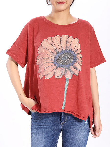 Plus Size Short Sleeve Sunflower Printed T-shirt QW1052 Ada Fashion