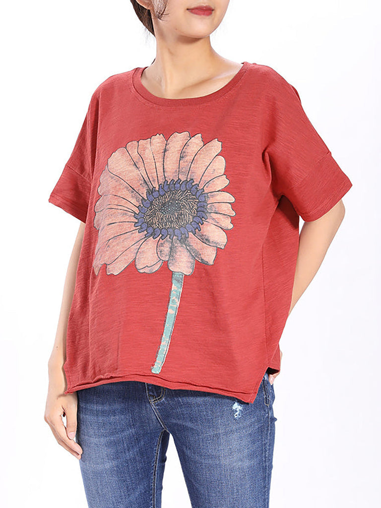 Plus Size Short Sleeve Sunflower Printed T-shirt QW1052 Ada Fashion