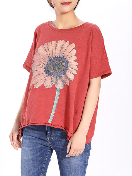 Plus Size Short Sleeve Sunflower Printed T-shirt QW1052 Ada Fashion