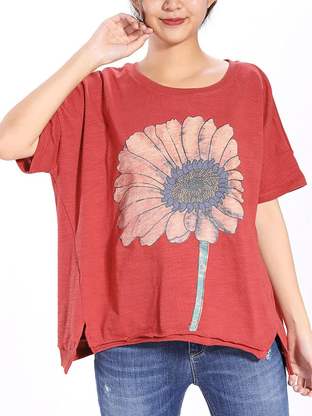Plus Size Short Sleeve Sunflower Printed T-shirt QW1052 Ada Fashion