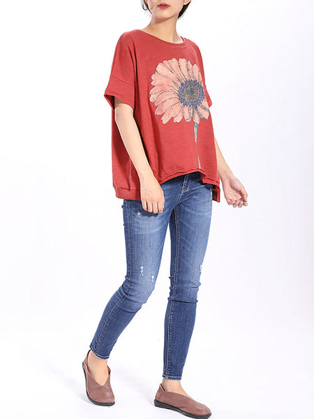 Plus Size Short Sleeve Sunflower Printed T-shirt QW1052 Ada Fashion