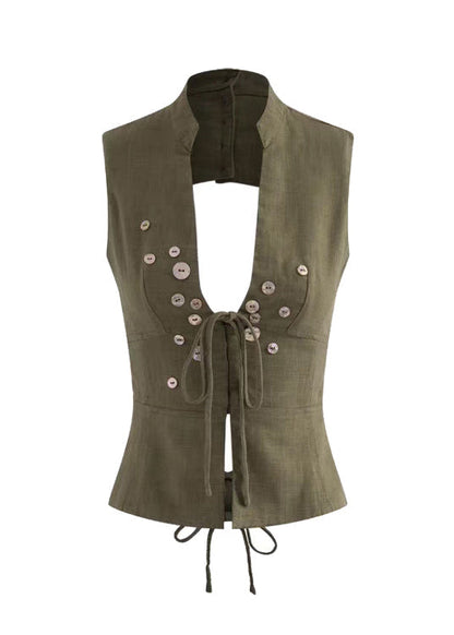 Backless Summer Silm Vest Lace Tops Army Green Up Fit FashionChic