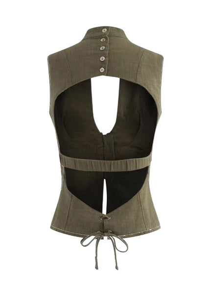 Backless Summer Silm Vest Lace Tops Army Green Up Fit FashionChic