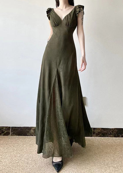 Silm Fit Army Green Exra Large Hem Patchwork Lace Long Dresses Summer YP005 ABC
