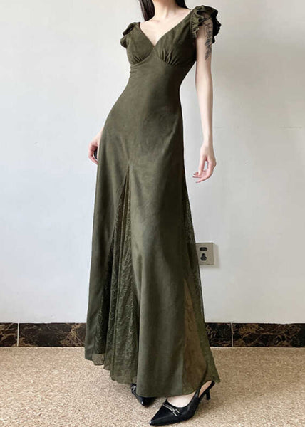 Silm Fit Army Green Exra Large Hem Patchwork Lace Long Dresses Summer YP005 ABC