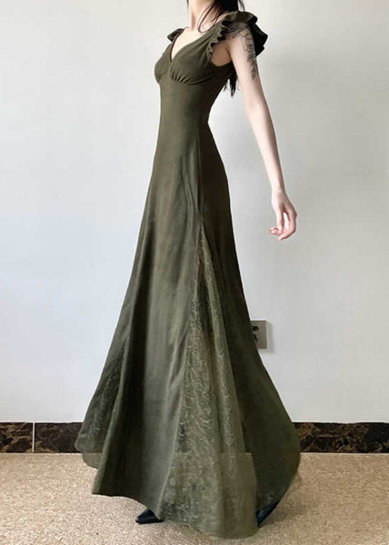 Silm Fit Army Green Exra Large Hem Patchwork Lace Long Dresses Summer YP005 ABC