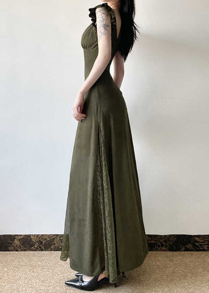 Silm Fit Army Green Exra Large Hem Patchwork Lace Long Dresses Summer YP005 ABC