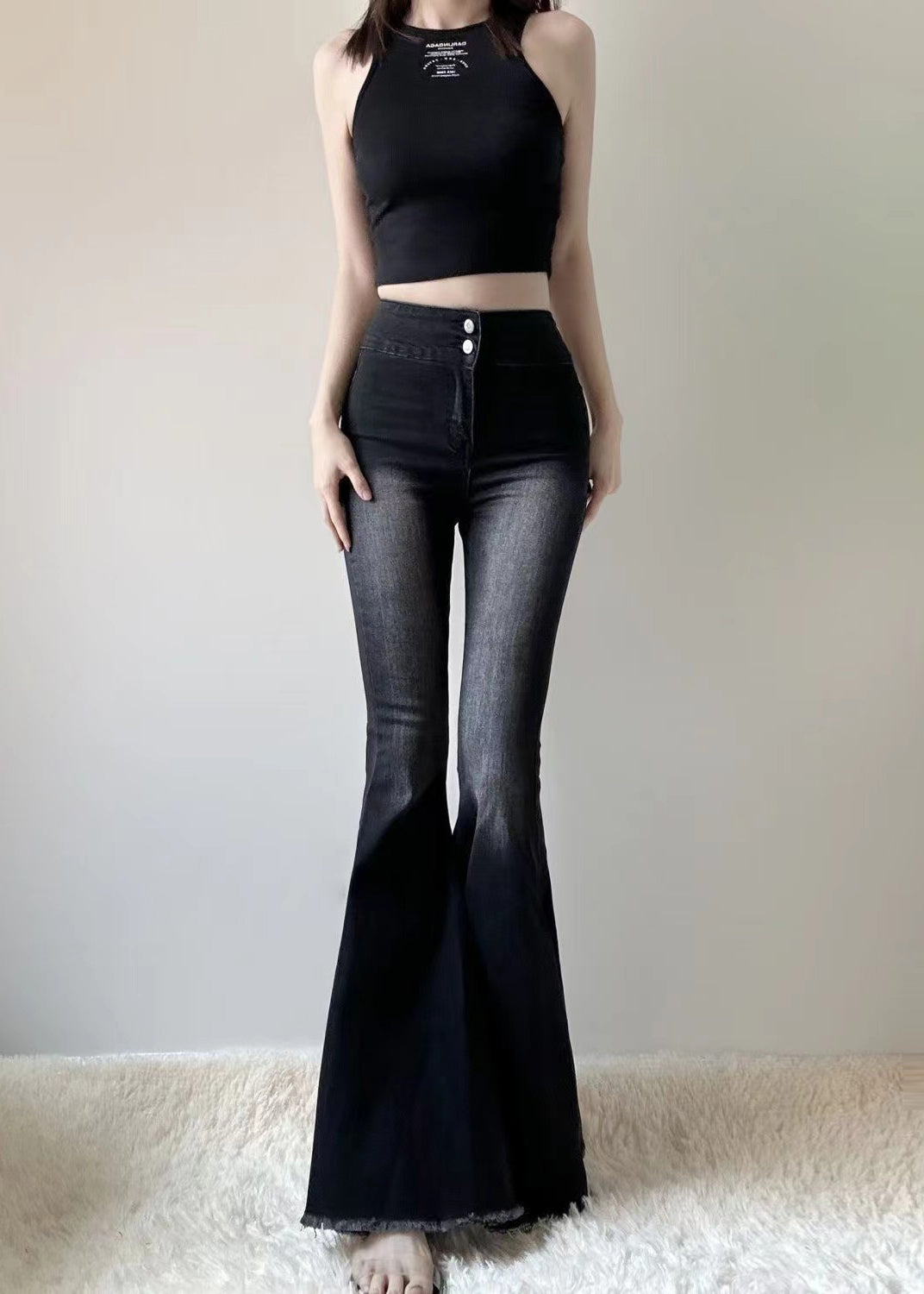 Silm Fit Black High Waist Denim Flared Trousers Spring YP030 ABC