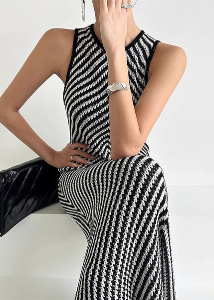 Robe moulante noire à rayures en maille, sans manches, longueur cheville, référence TZ024