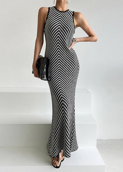 Robe moulante noire à rayures en maille, sans manches, longueur cheville, référence TZ024